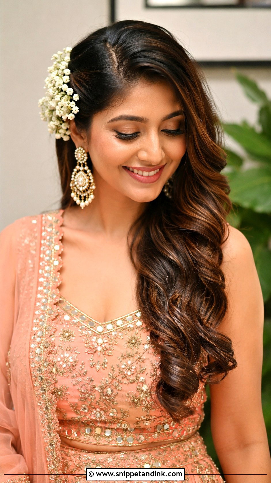Side Swept Curls With Gajra - Snippet and Ink - 20 Front Indian Weddings Bridal Hairstyles