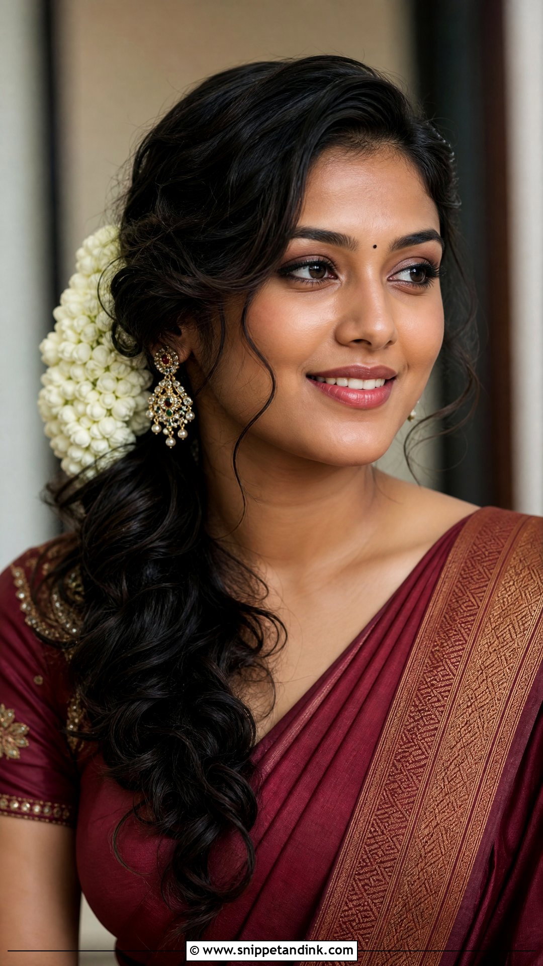 Side Swept Curls With Gajra - Snippet and Ink - 20 South Indian Wedding Hairstyles for Short Hair