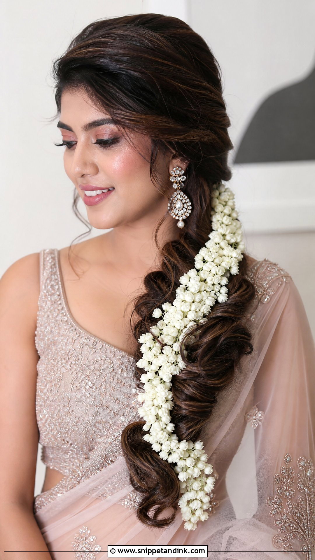 Side Swept Curls With Gajra - Snippet and Ink - 20 Desi Wedding Hairstyles for Long Hair