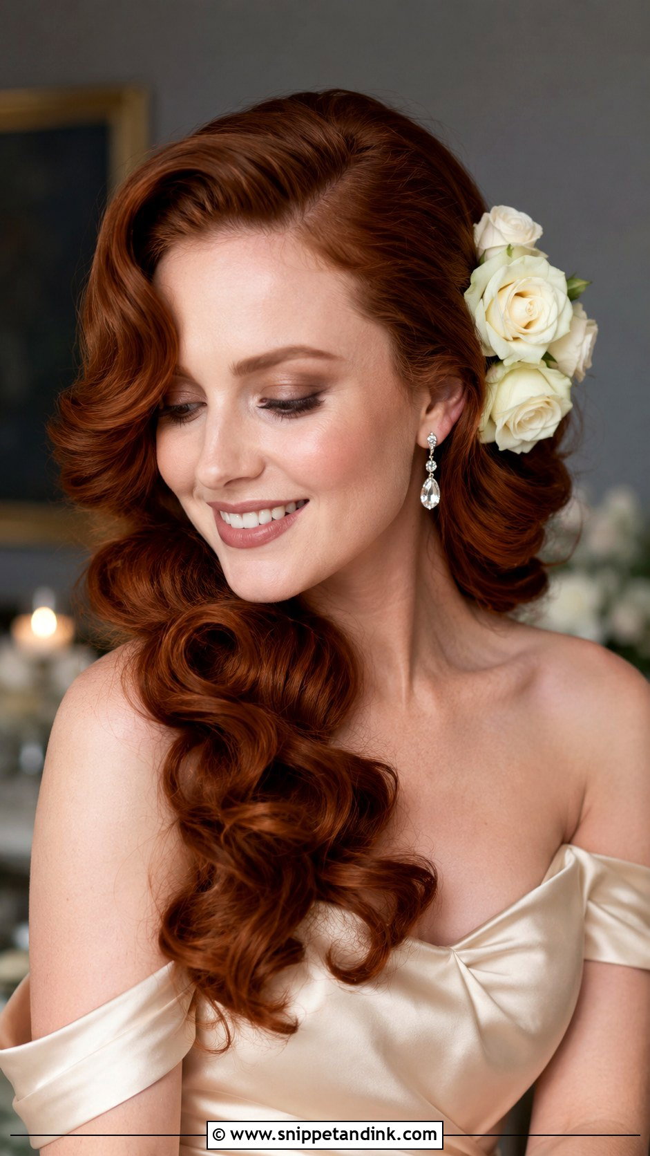Side Swept Curls With Garden Roses - Snippet and Ink - 20 Bride Hair Flowers