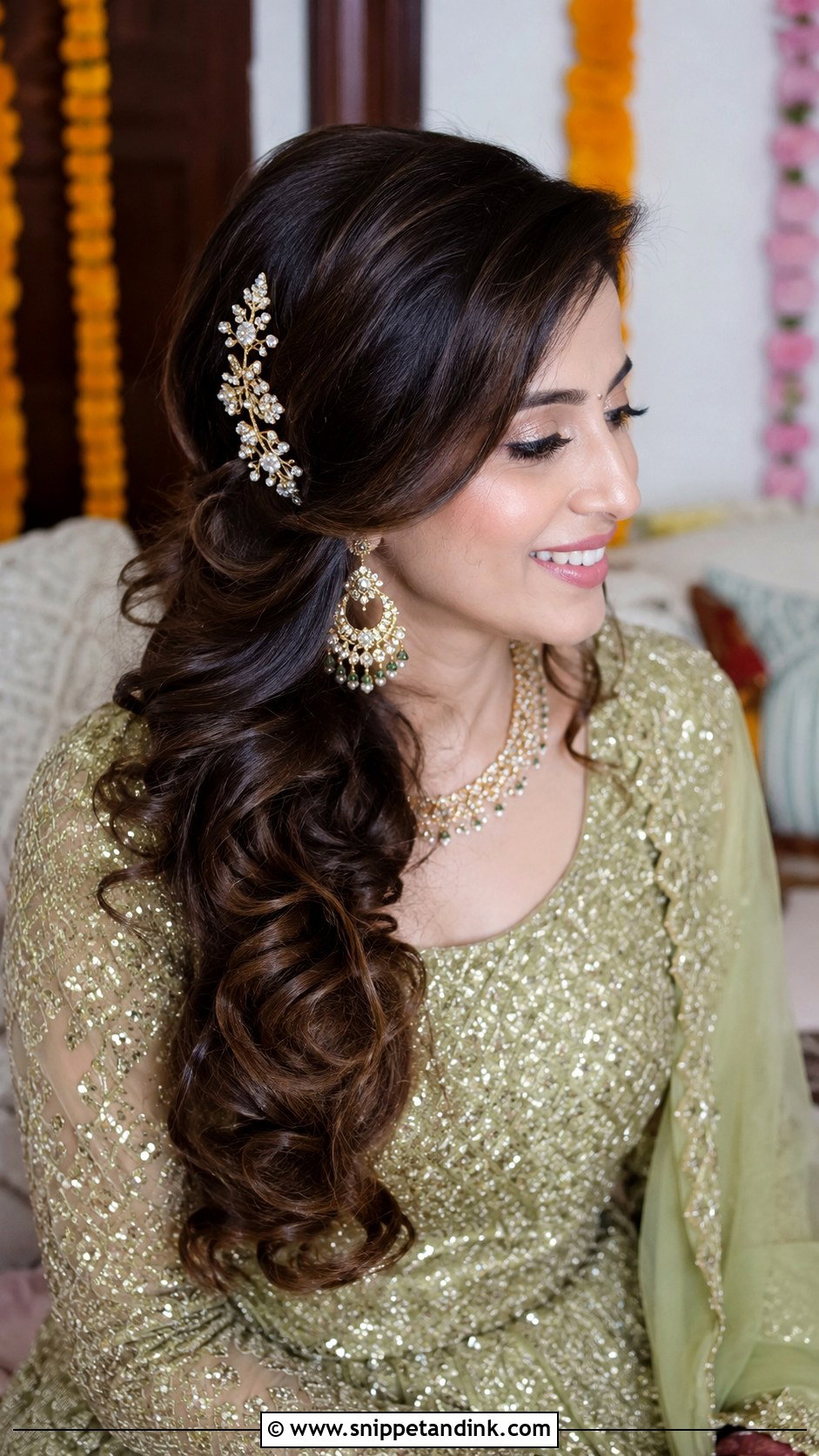 Side Swept Curls With Hair Accessories - Snippet and Ink - 20 Mehendi Bride Hairstyle Ideas