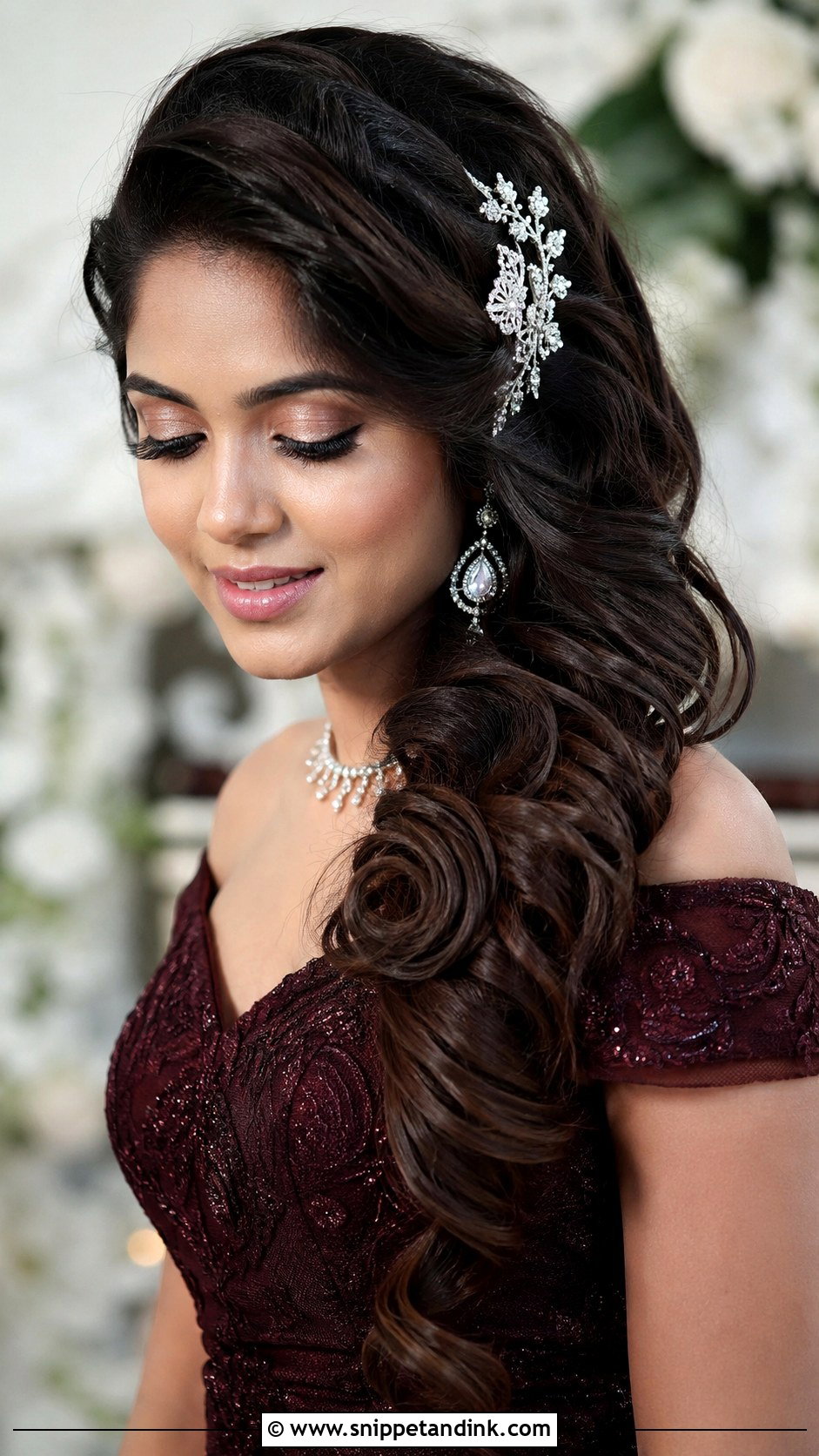 Side Swept Curls With Hair Accessories - Snippet and Ink - 25 Hindu Bride Hairstyle Ideas