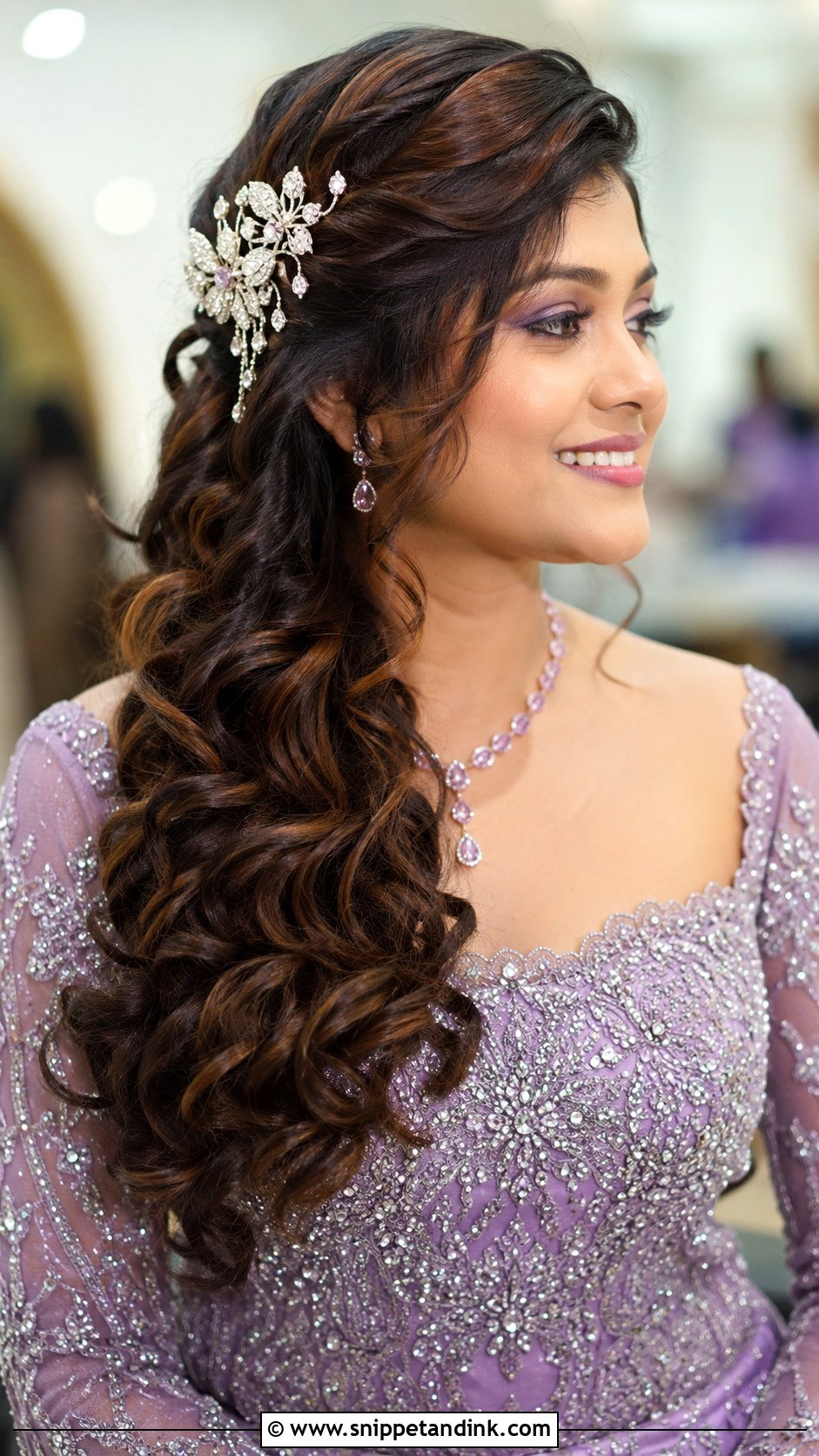 Side Swept Curls With Hair Accessories - Snippet and Ink - 30 Indian Hairstyles for Weddings