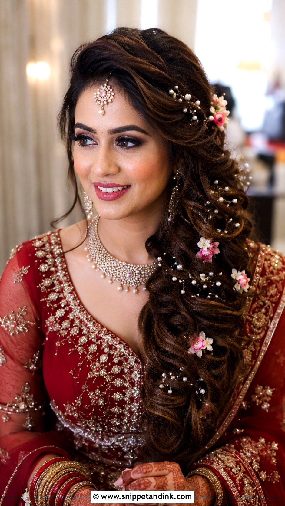 Side Swept Curls With Hair Accessories - Snippet and Ink - 20 Desi Bride Hair Ideas