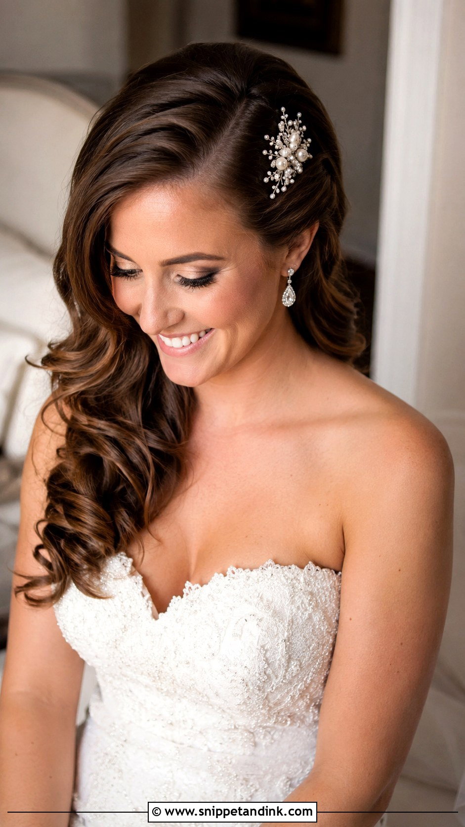 Side Swept Curls With Hair Accessory - Snippet and Ink - 25 Side Sweep Wedding Hair Ideas