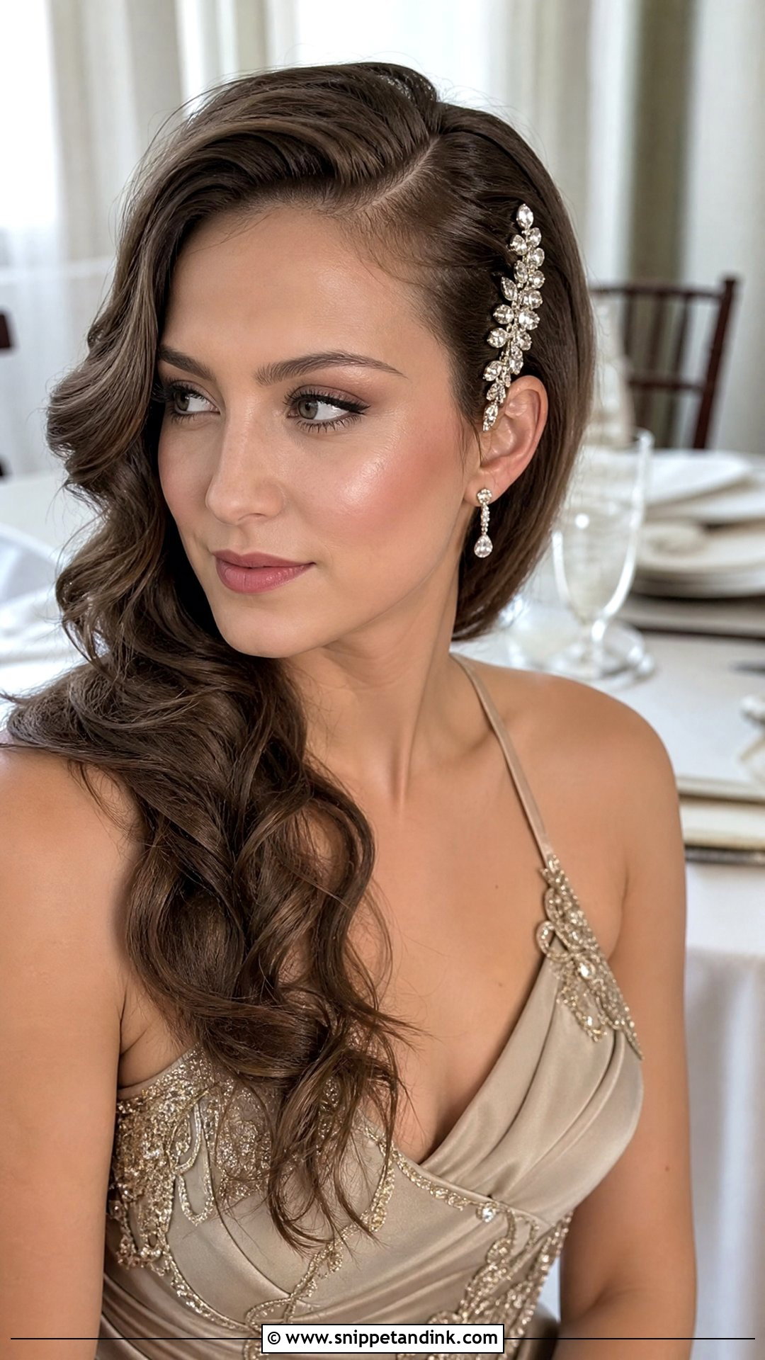 Side Swept Curls With Hair Accessory - Snippet and Ink - 20 Long Hair Wedding Hair Styles