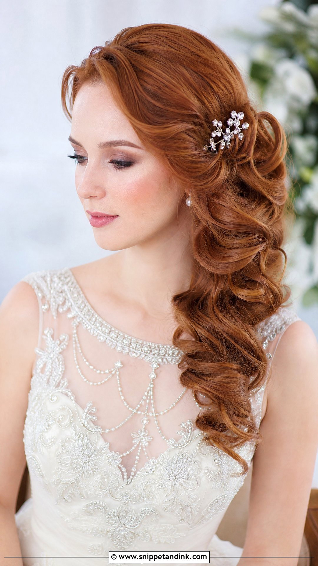 Side Swept Curls With Hairpin - Snippet and Ink - 20 Bridal Hair One Side Pulled Back Ideas