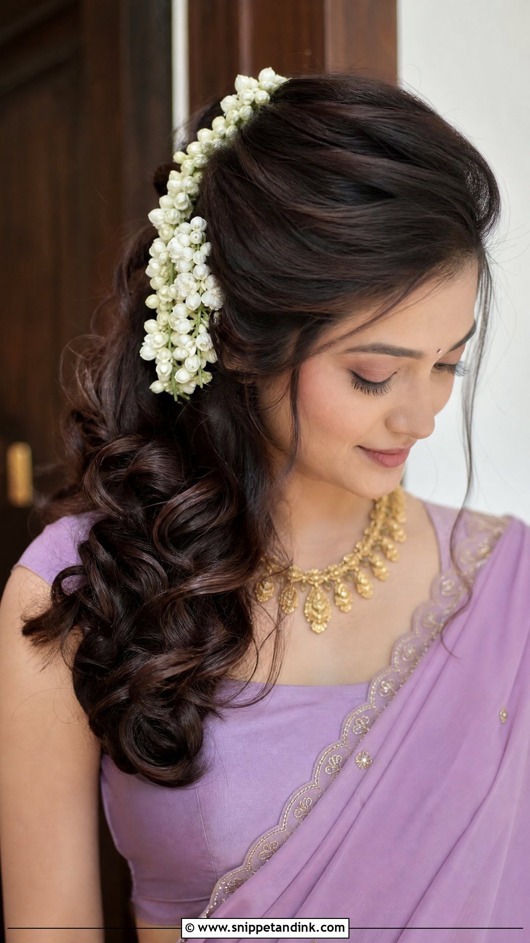 Side Swept Curls With Jasmine - Snippet and Ink - 20 South Indian Wedding Hairstyles for Long Hair