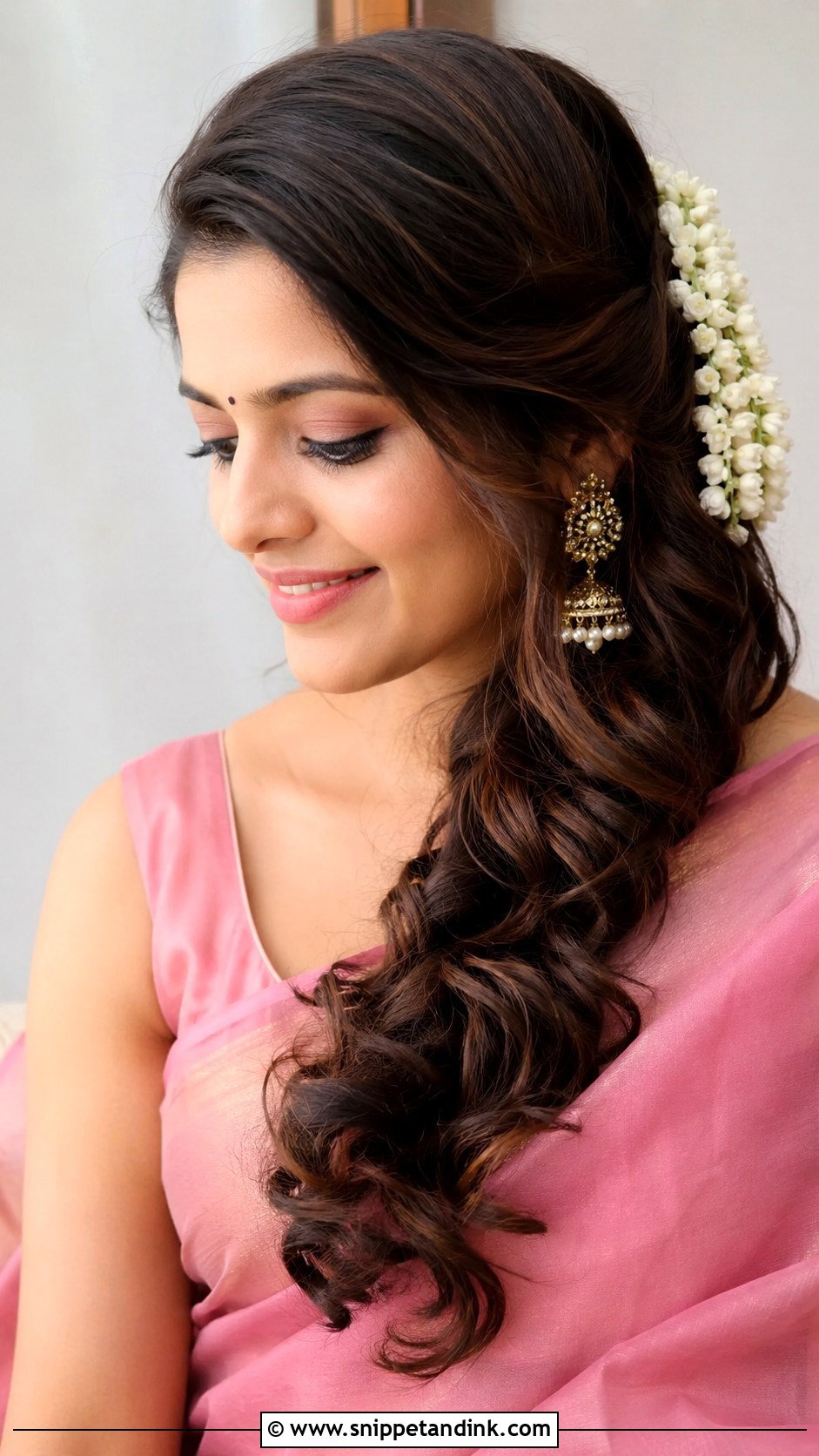 Side Swept Curls With Jasmine - Snippet and Ink - 20 Seemantham Hairstyle Ideas