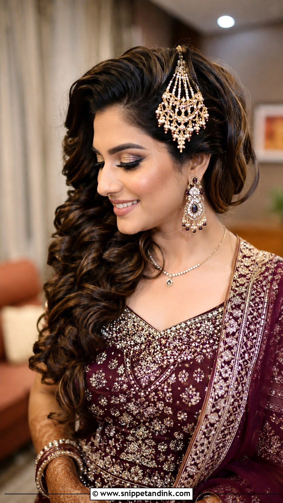 Side Swept Curls With Jhumar - Snippet and Ink - 20 Indian Bridal Hair Styling Ideas