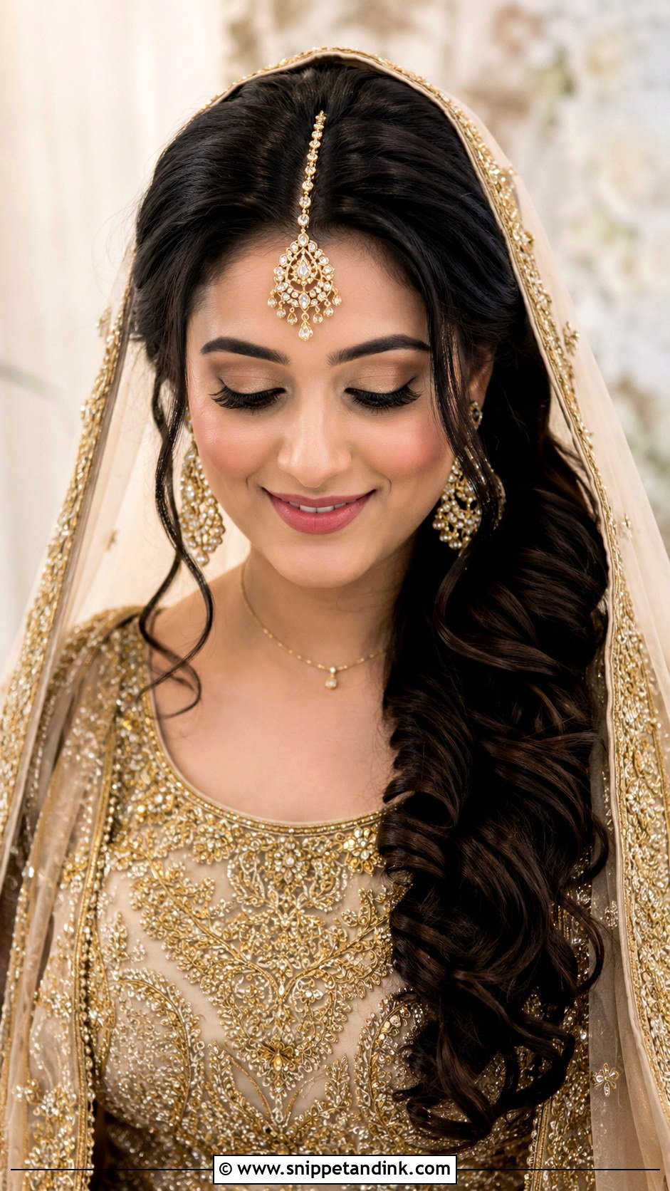 Side Swept Curls With Maang Tikka - Snippet and Ink - 20 Nikah Bride Hairstyles