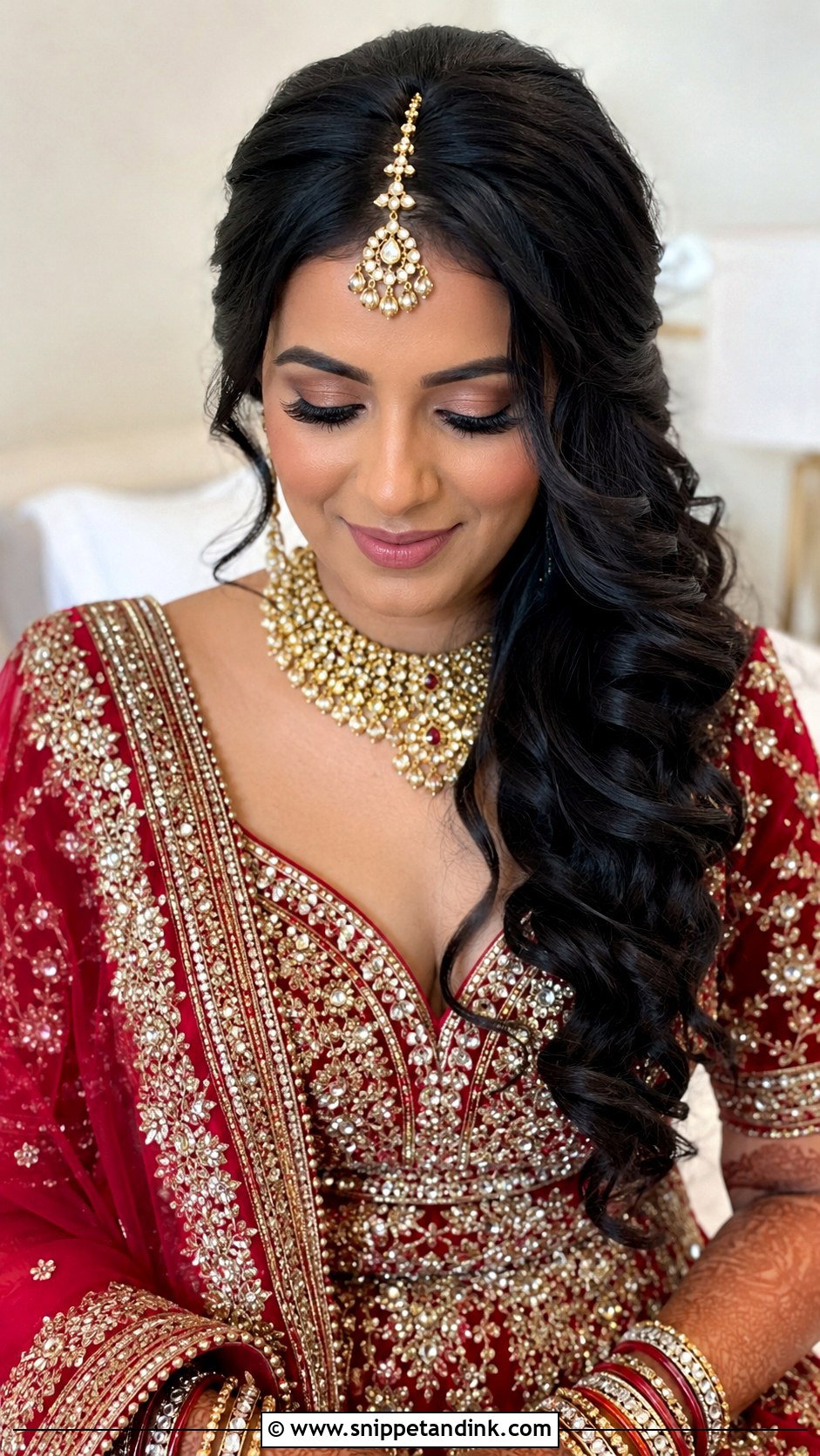 Side Swept Curls With Maang Tikka - Snippet and Ink - 25 Indian Wedding Hairstyle for Short Hair Ideas