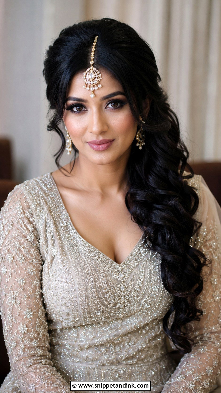 Side Swept Curls With Maang Tikka - Snippet and Ink - 25 Muslim Bridal Hairstyles