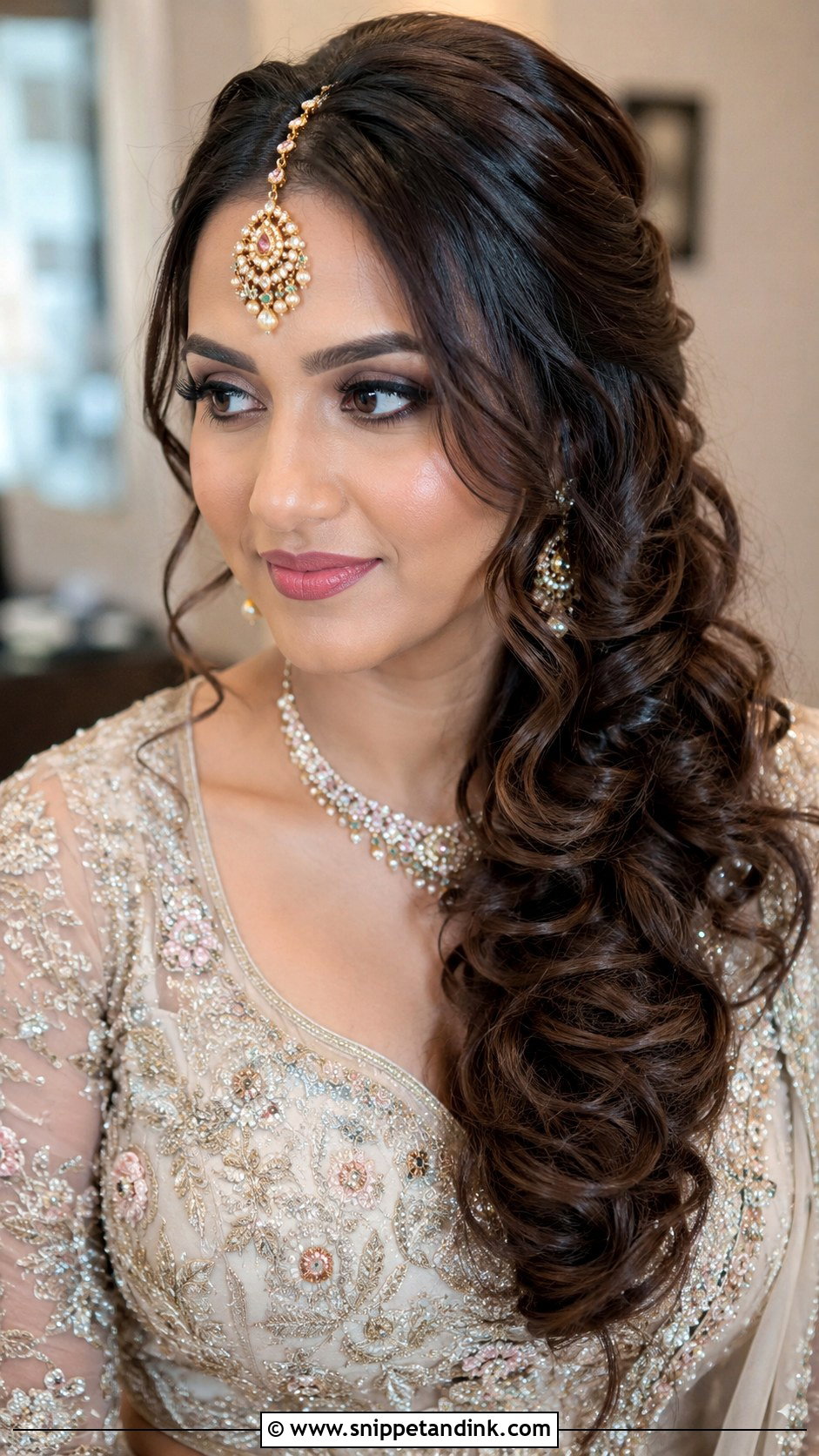 Side Swept Curls With Maang Tikka - Snippet and Ink - 30 Indian Hairstyle for Wedding Ideas