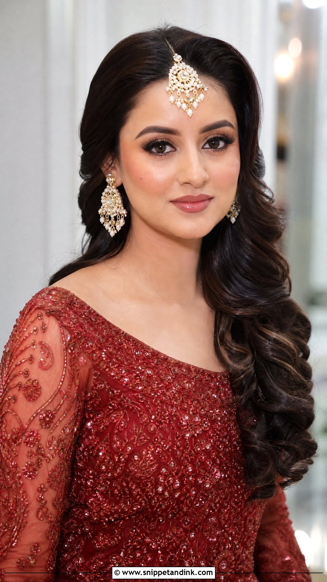 Side Swept Curls With Maang Tikka - Snippet and Ink - 20 Desi Bridal Hairstyles