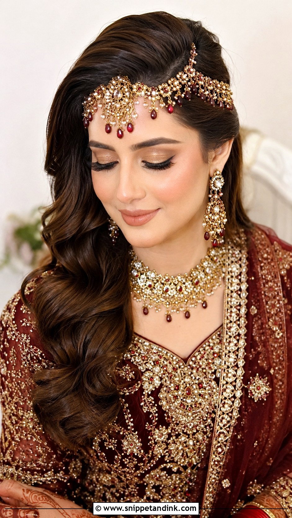 Side Swept Curls With Matha Patti - Snippet and Ink - 20 Pakistani Barat Bride Hairstyles
