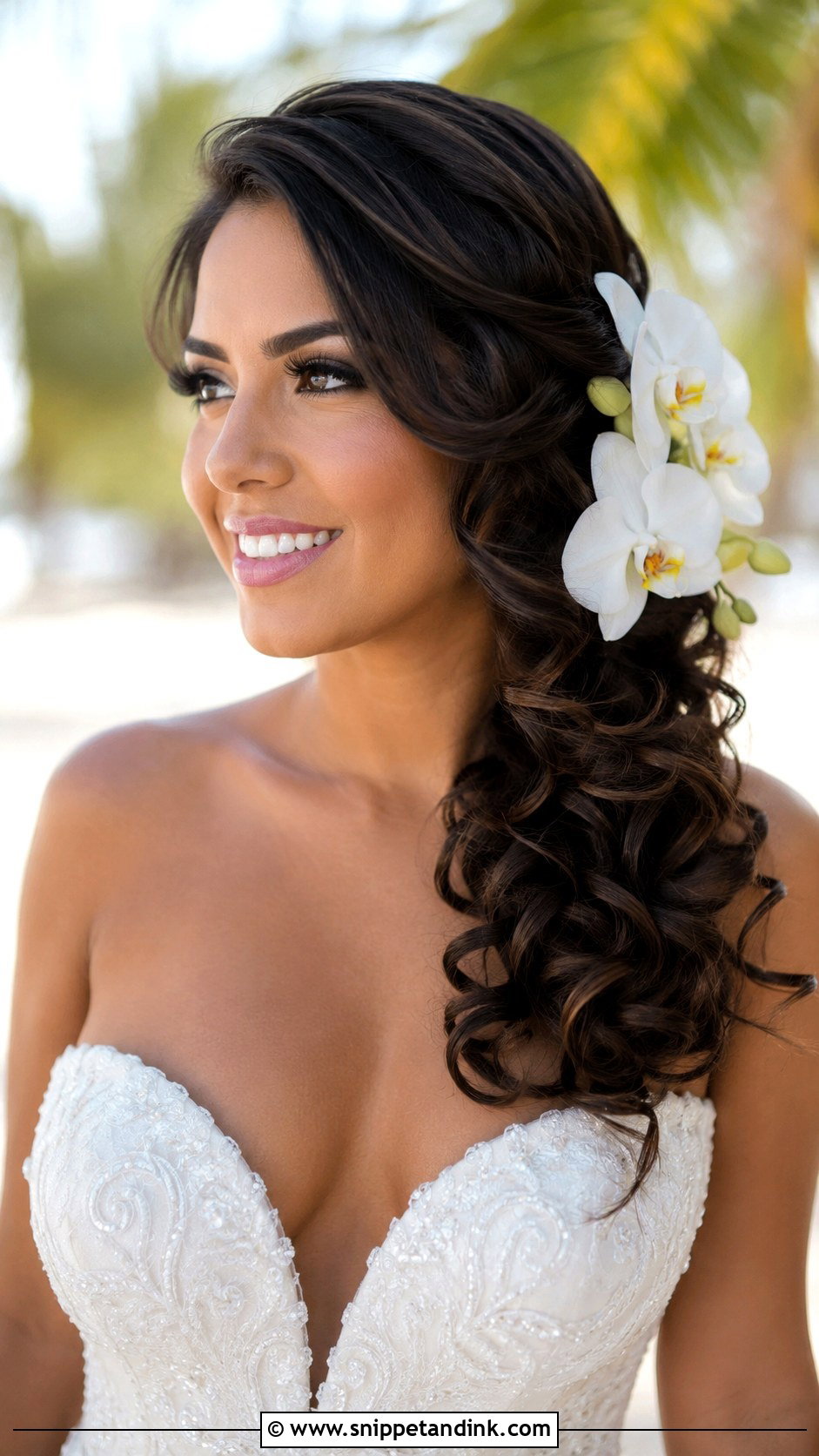 Side Swept Curls With Orchids - Snippet and Ink - 25 Wedding Hair Flowers