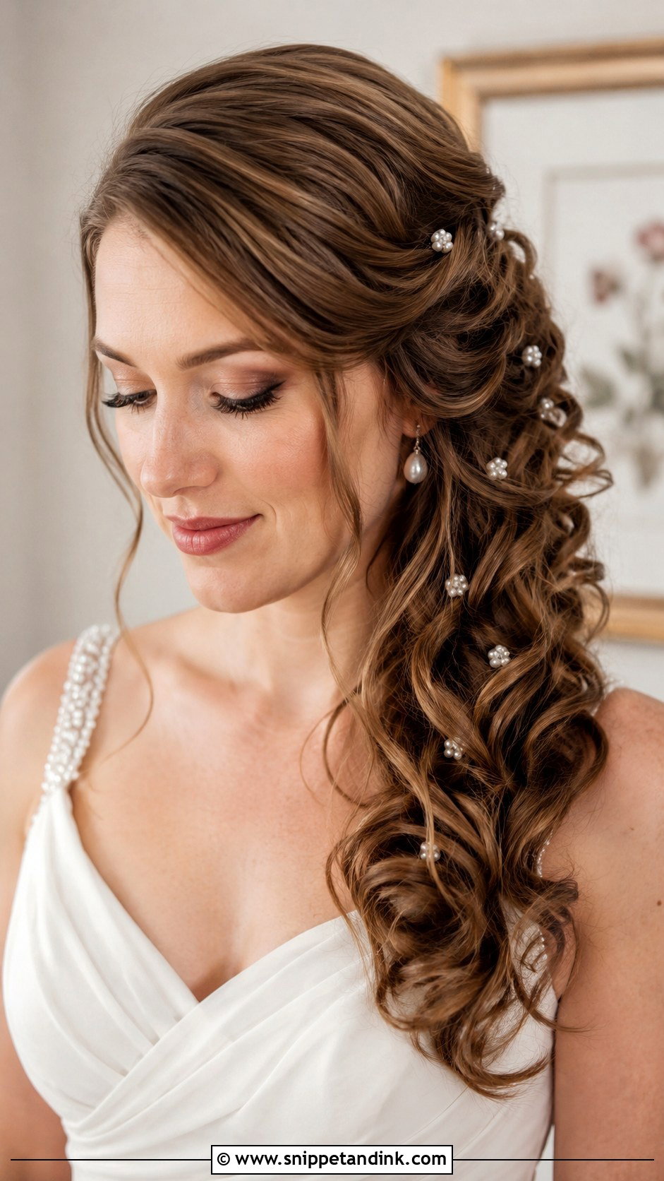 Side Swept Curls With Pearl Pins - Snippet and Ink - 20 Wedding Hair One Side Pulled Back Ideas