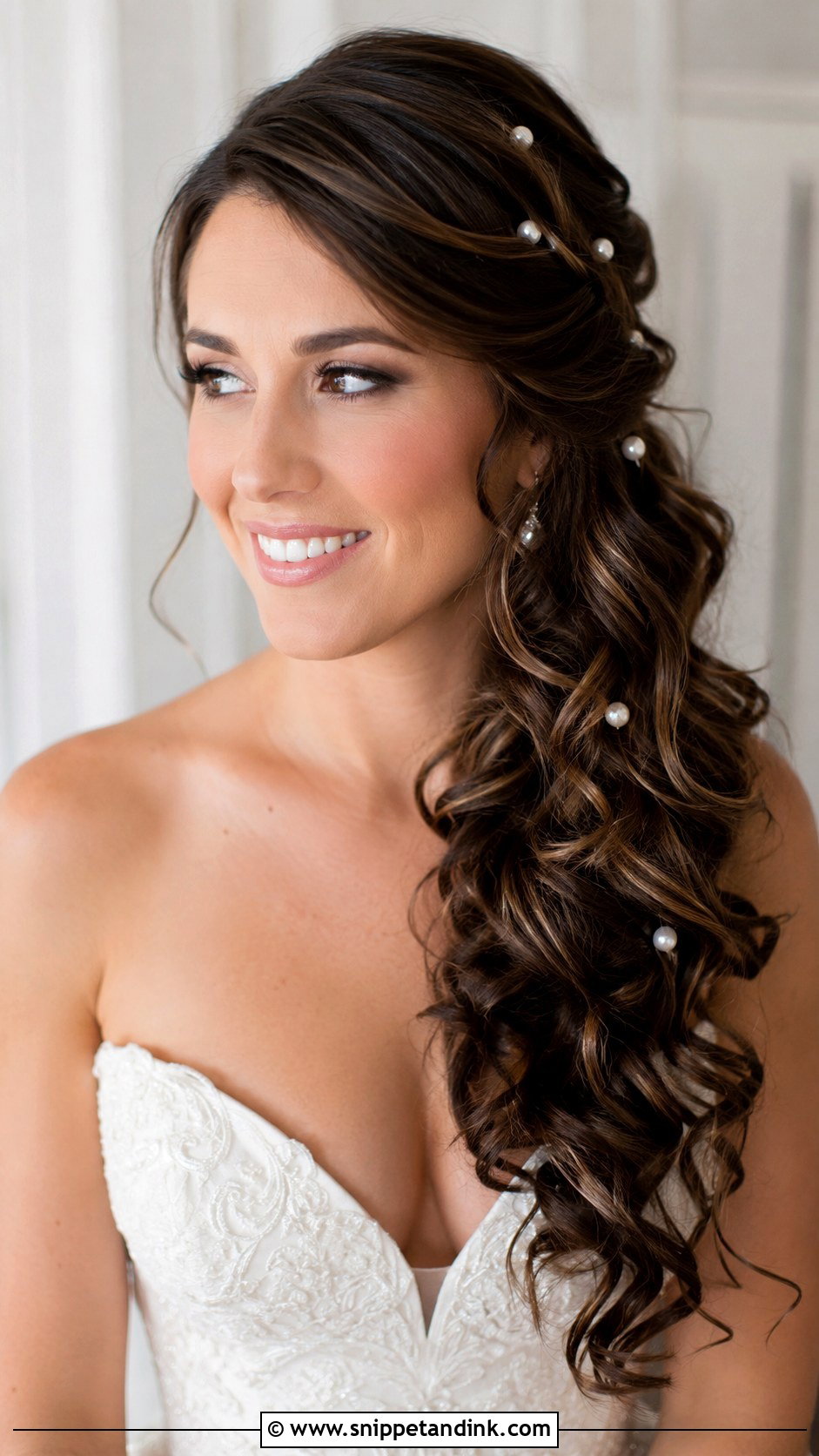 Side Swept Curls With Pearls - Snippet and Ink - 30 One Sided Wedding Hairstyle Ideas