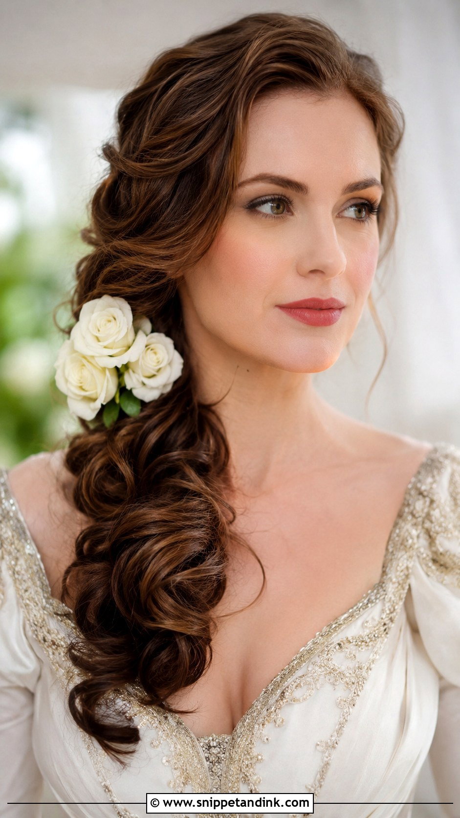 Side Swept Curls With Roses - Snippet and Ink - 25 Bridal Hair with Flowers