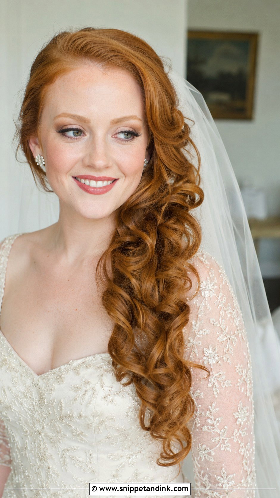 Side Swept Curls With Veil - Snippet and Ink - 20 Red Hair Wedding Ideas