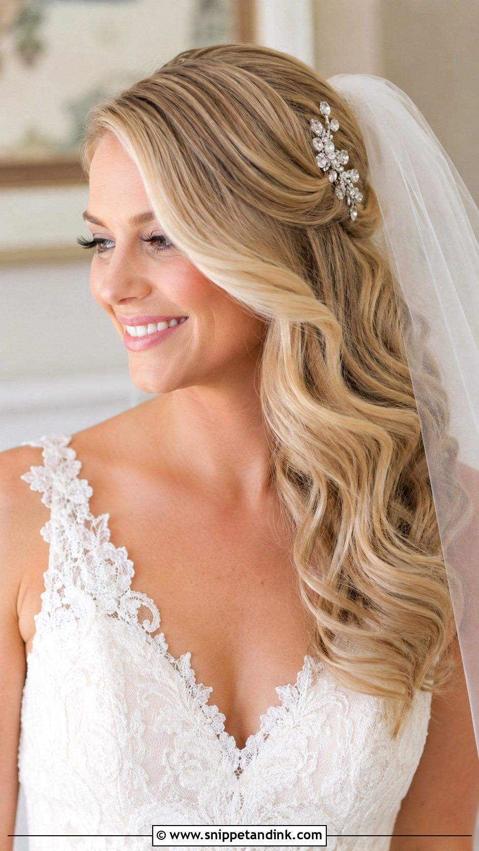 Side Swept Curls With Veil - Snippet and Ink - 30 Wedding Hairstyles Short Hair