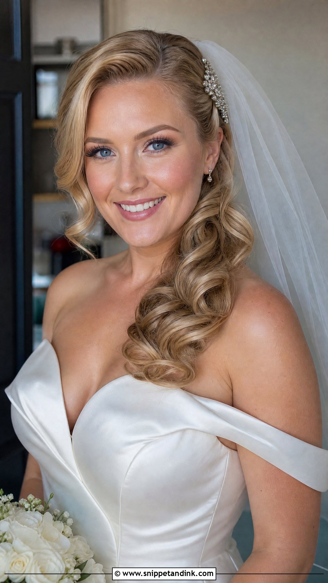 Side Swept Curls With Veil - Snippet and Ink - 20 Hair with Veil Ideas