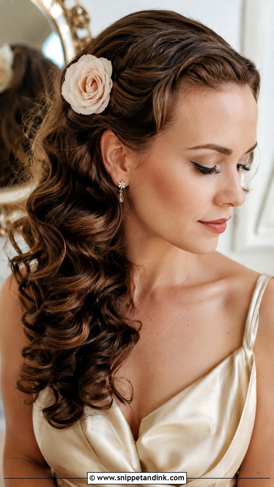 Side Swept Curls With a Single Bloom - Snippet and Ink - 20 Bride Hairstyles with Flowers