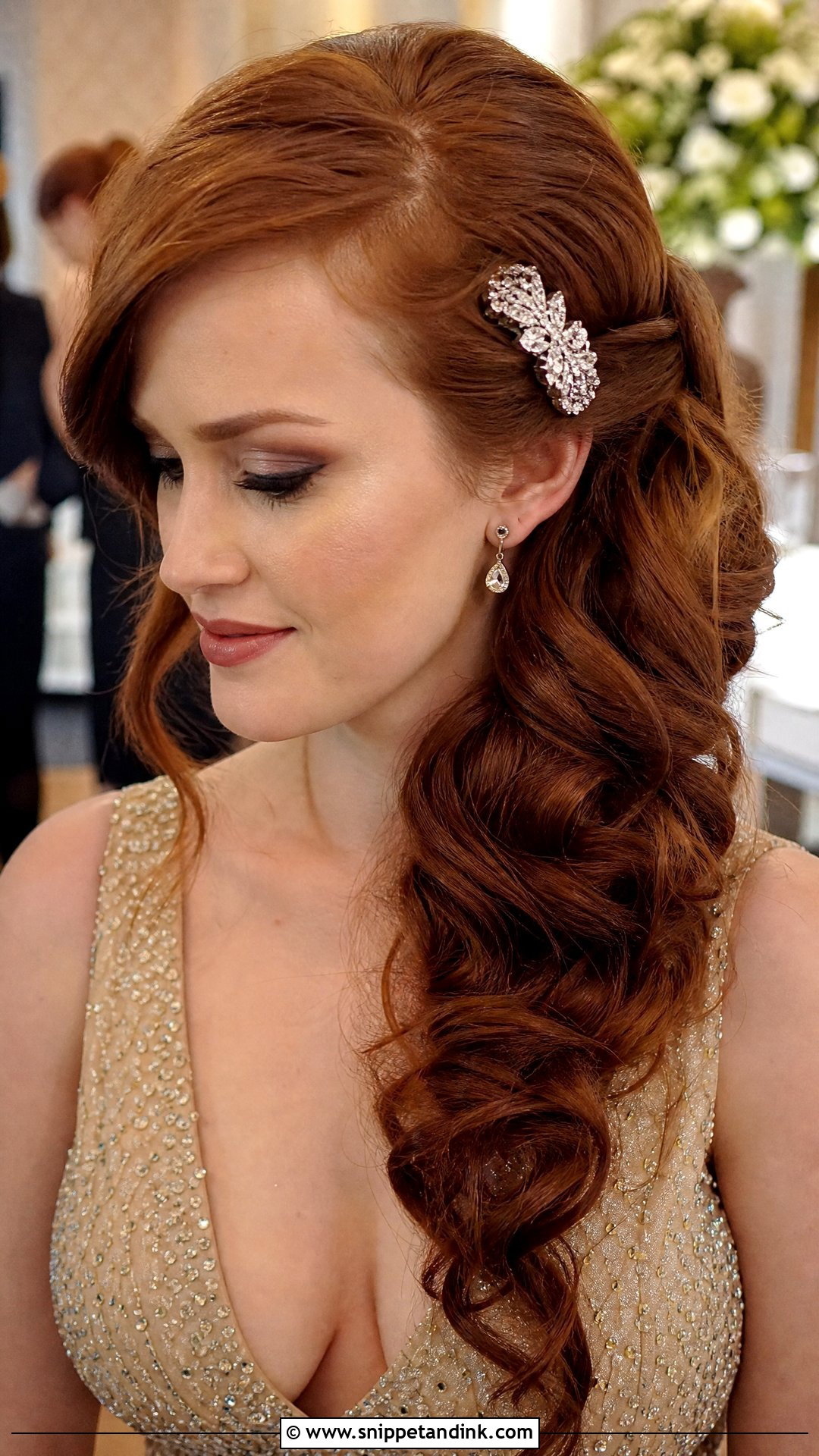 Side Swept Curls With a Sparkling Clip - Snippet and Ink - 20 Party Wedding Hair Styles