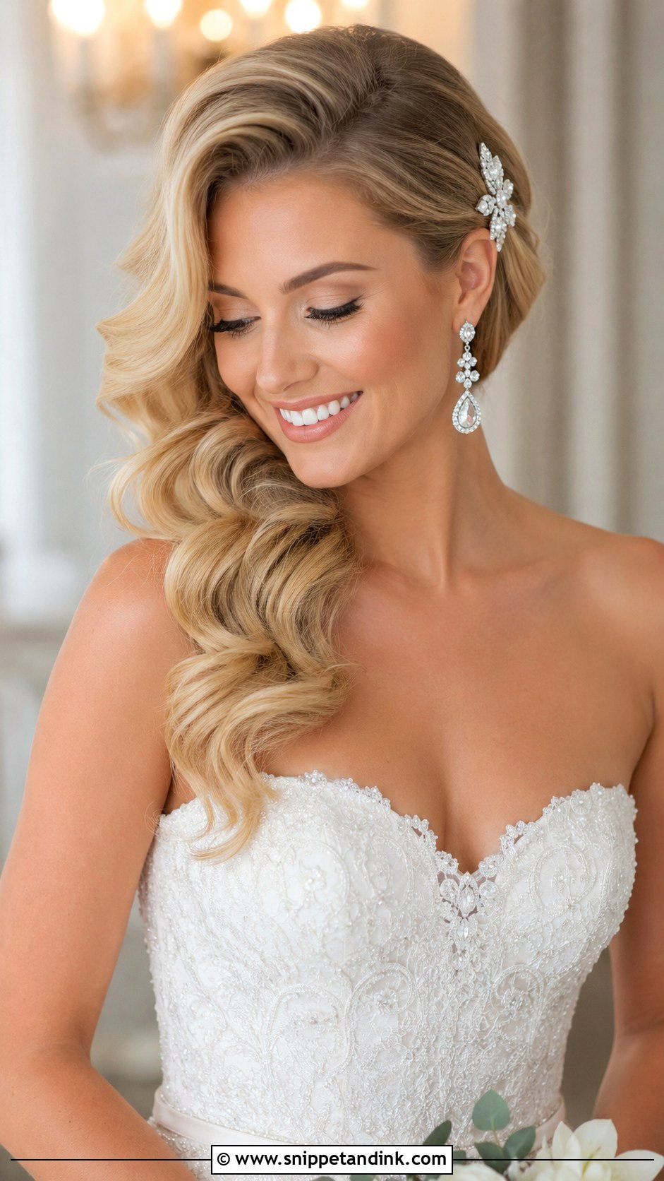 Side Swept Curls for Blonde Brides - Snippet and Ink - 25 Blonde Wedding Hairstyles