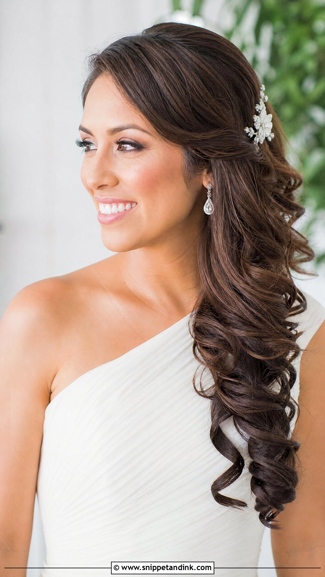 Side Swept Curls for Brunette Brides - Snippet and Ink - 20 Dark Hair Wedding Hairstyles Brides