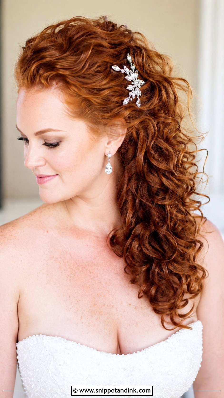 Side Swept Curly Bridal Hair - Snippet and Ink - 20 Bridal Hairstyles for Curly Hair