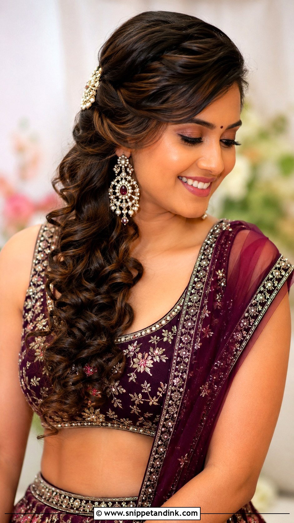 Side Swept Curly Hair - Snippet and Ink - 30 Sangeet Hairstyles for Bride