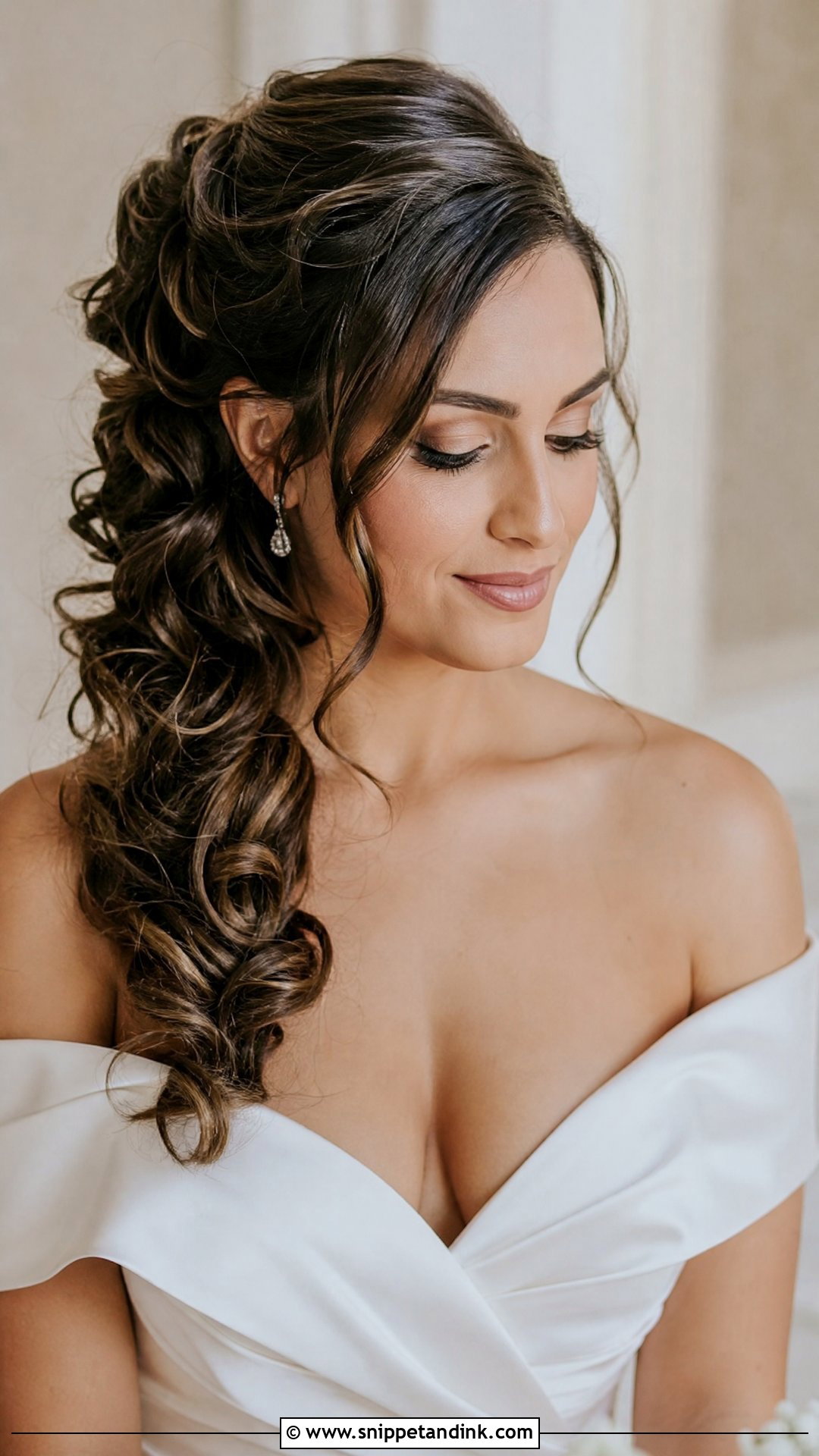 Side Swept Curly Half Up Half Down - Snippet and Ink - 20 Curly Hair Half-Up Half-Down Wedding Ideas