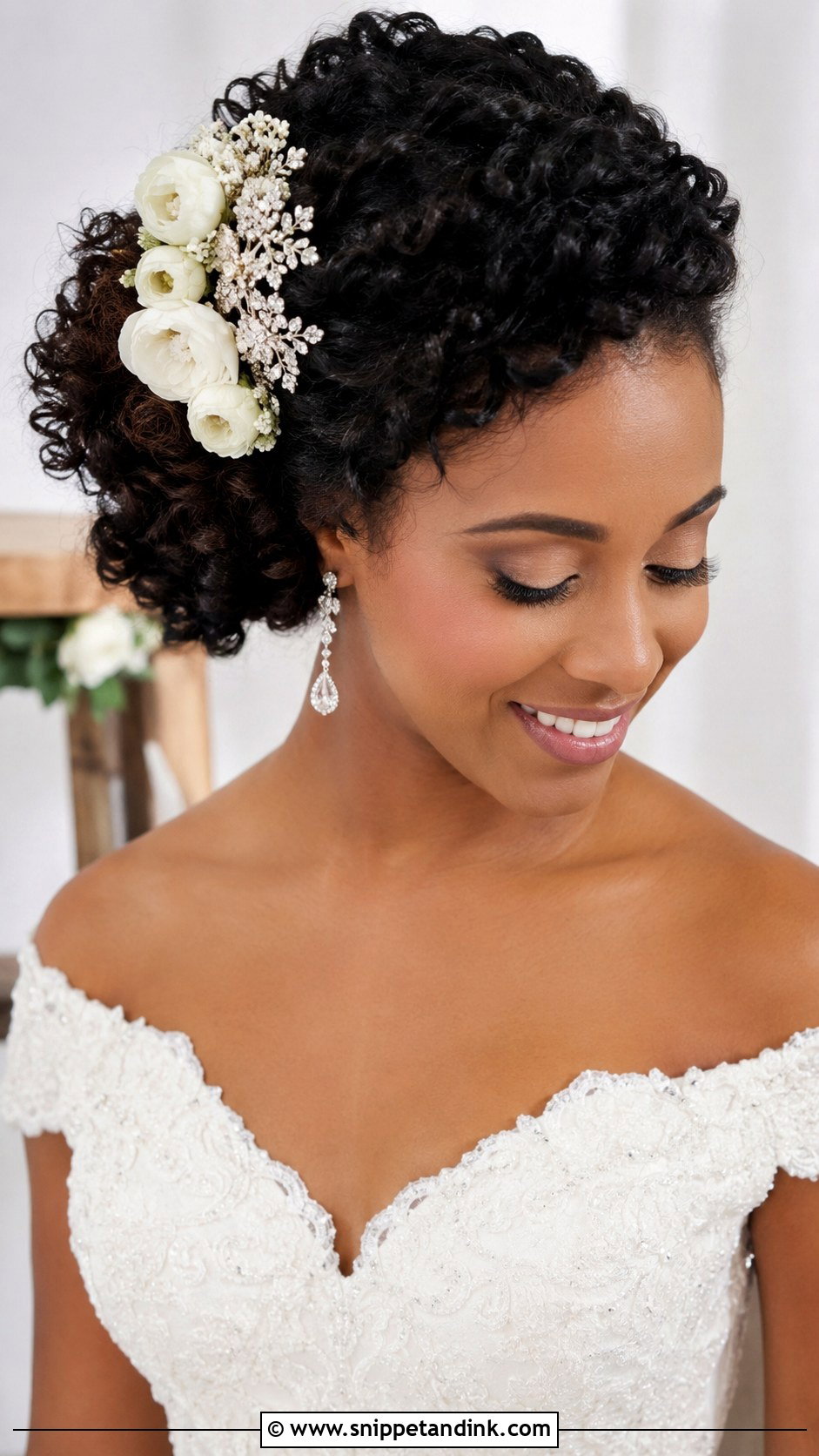 Side Swept Curly Updo - Snippet and Ink - 25 Afro Bridal Hairstyles