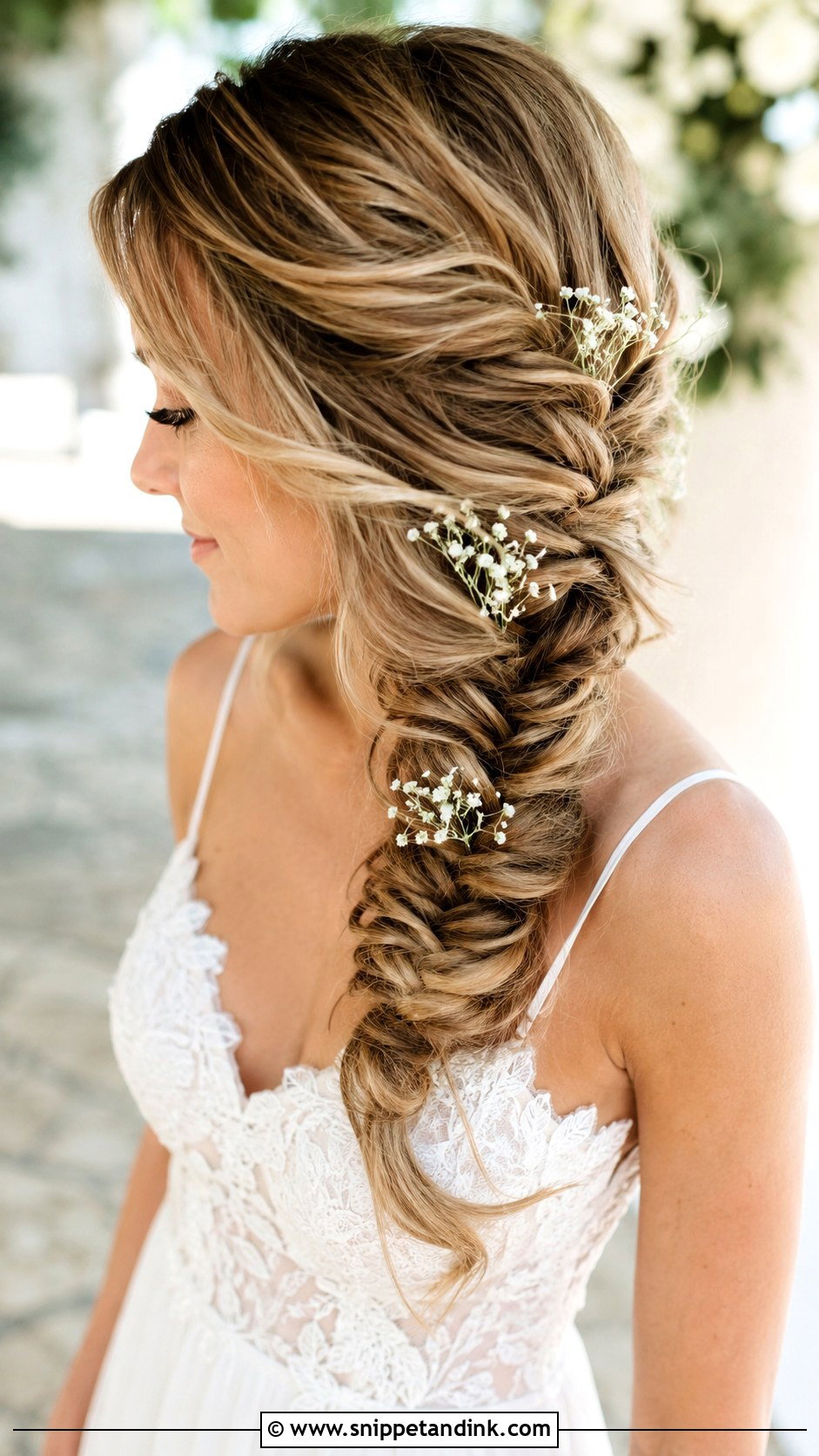 Side Swept Fishtail Braid - Snippet and Ink - 20 Bridal Hair Side Swept Ideas