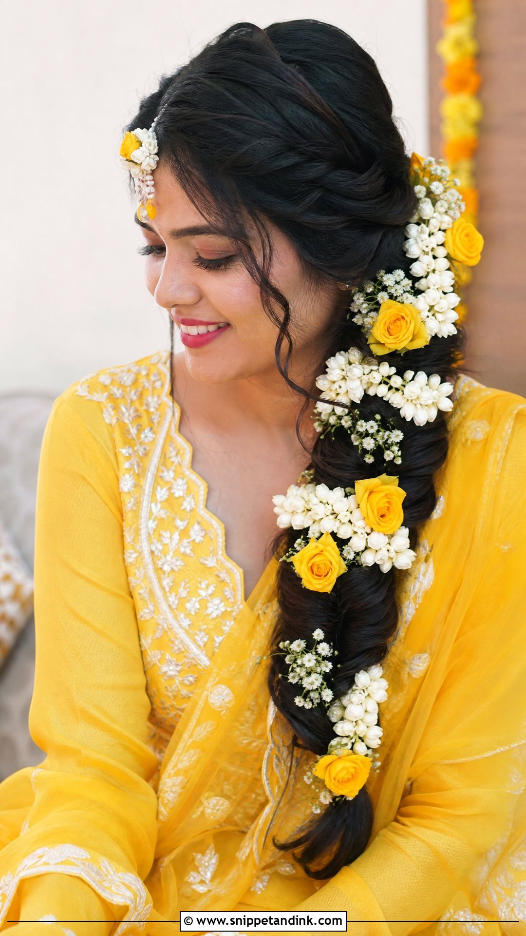 Side Swept Fishtail Braid With Fresh Flowers - Snippet and Ink - 20 Hairstyle for Haldi Bride Ideas