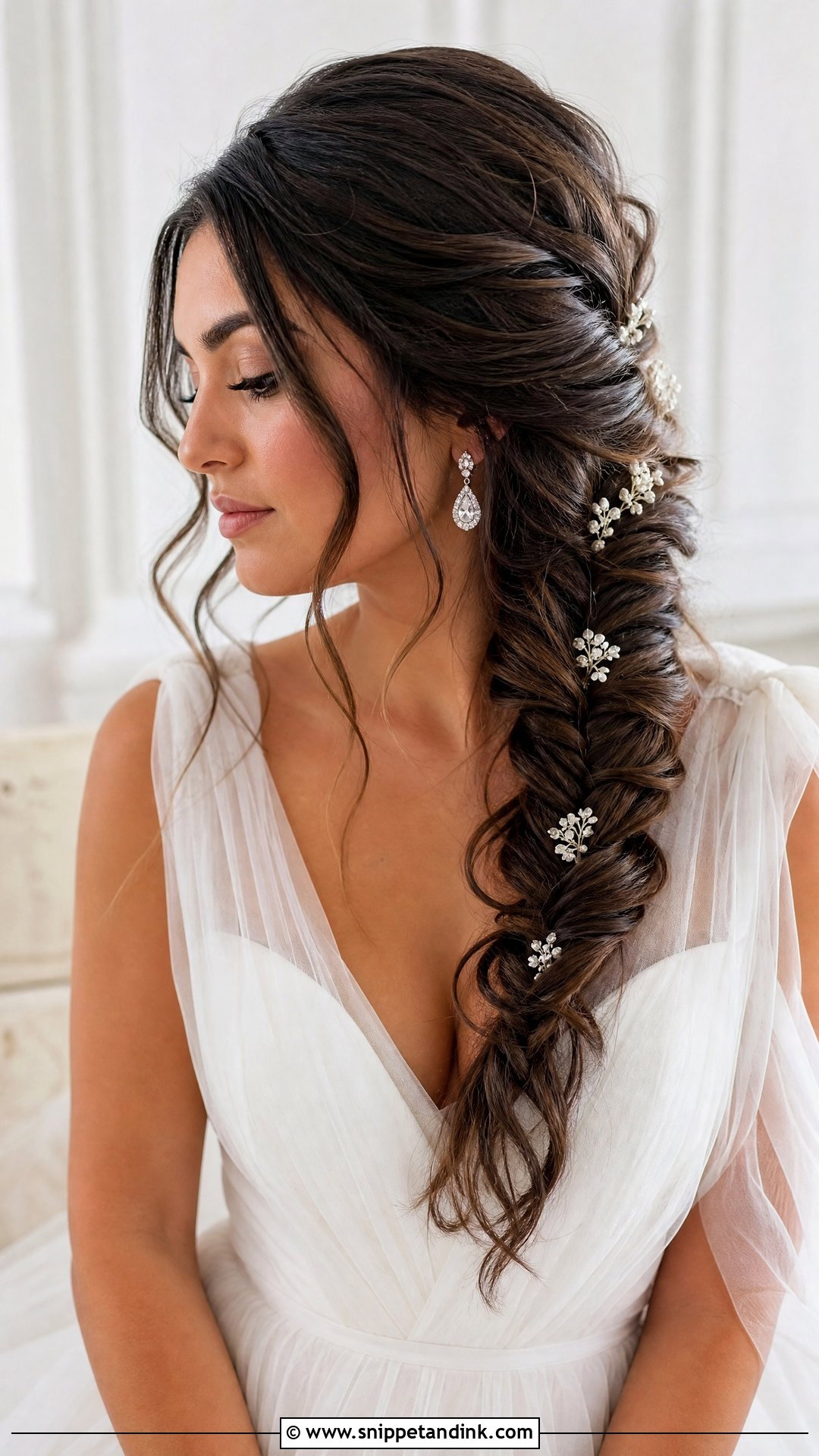 Side Swept Fishtail Braid - Snippet and Ink - 15 Bridal Hair to the Side Ideas