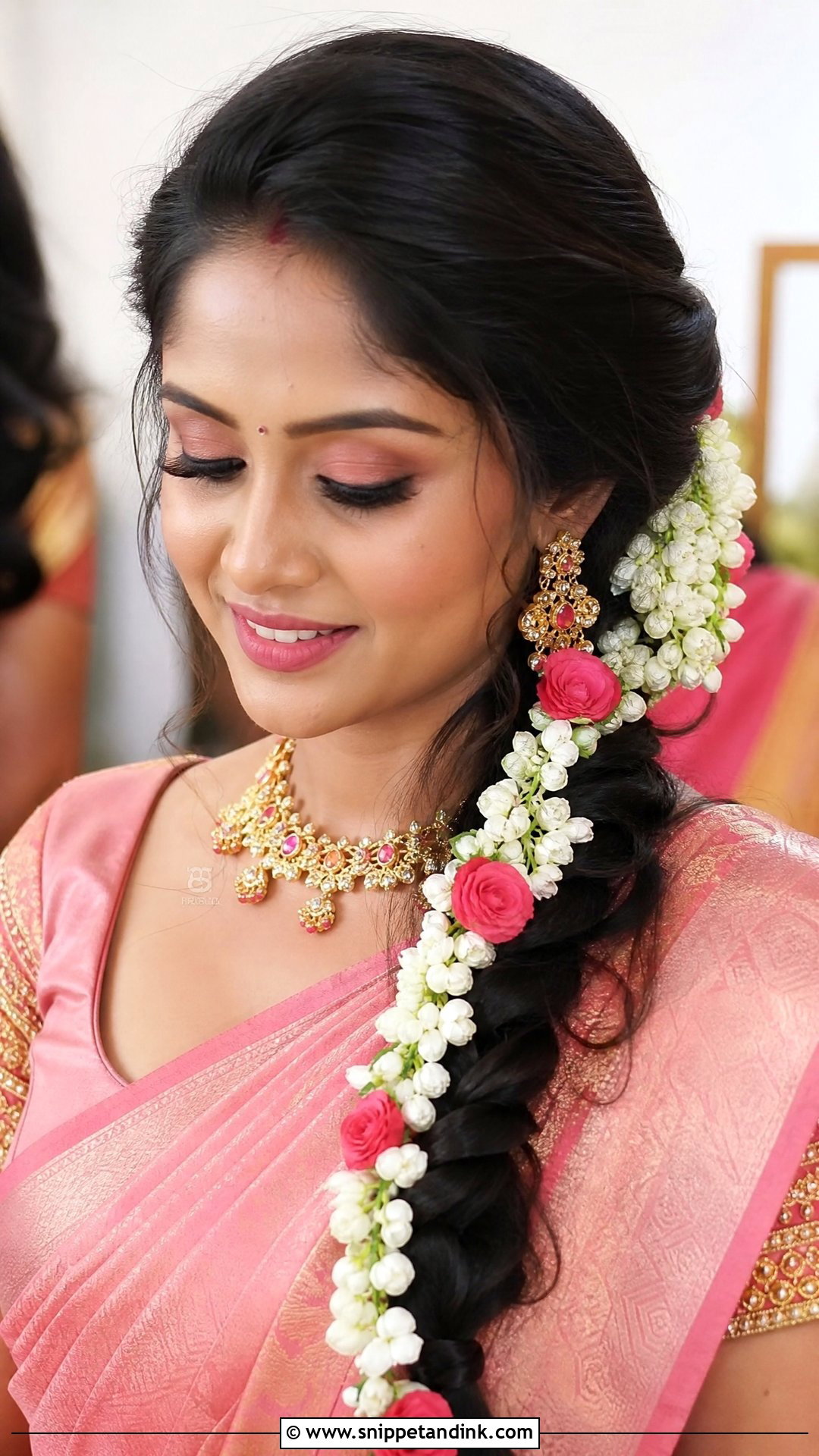 Side Swept Floral Braid - Snippet and Ink - 20 Tamil Wedding Hairstyle Ideas