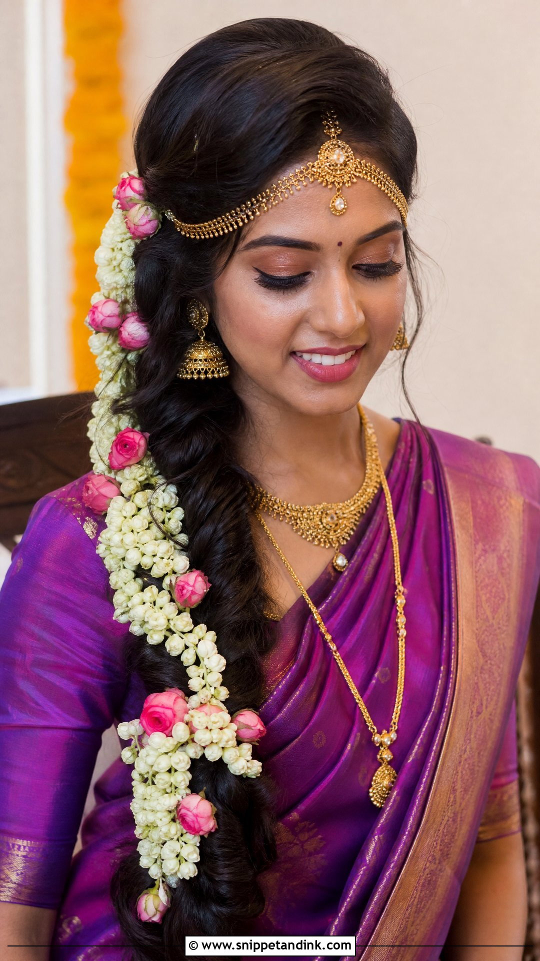 Side Swept Floral Braid - Snippet and Ink - 20 Bridal Muhurtham Hairstyle Ideas