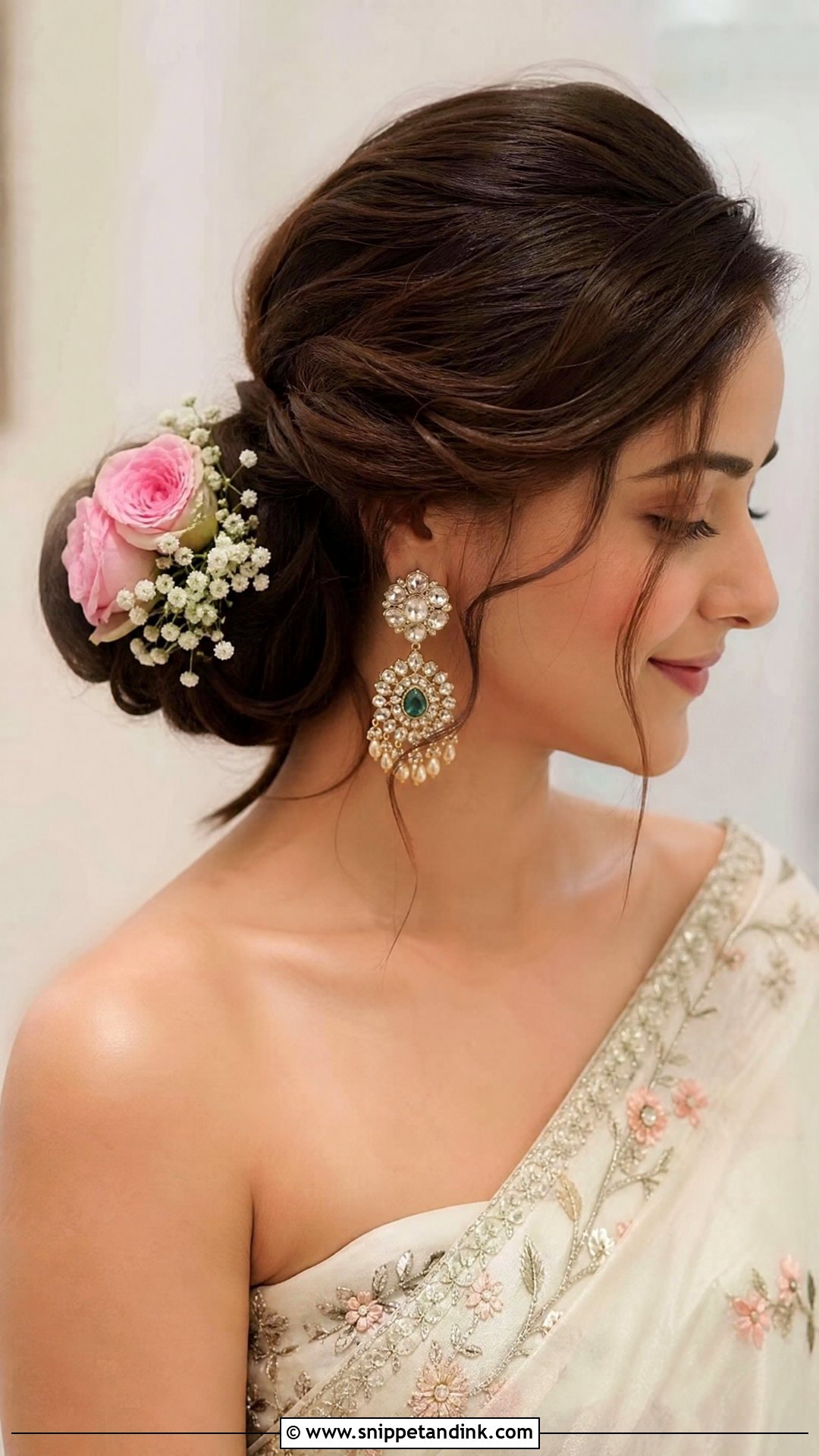 Side Swept Floral Bun - Snippet and Ink - 20 Indian Flower Bridal Bun Hairstyles