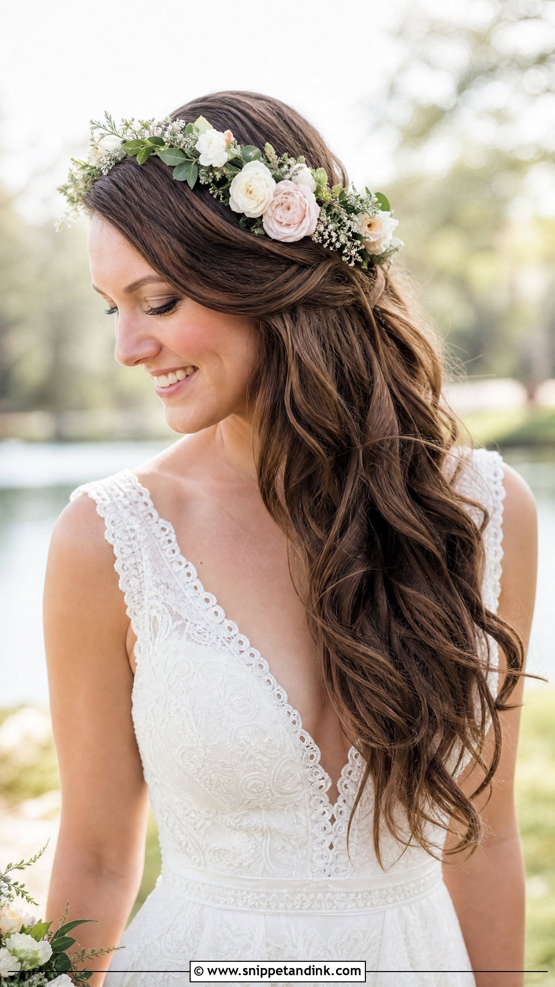 Side Swept Flower Crown Wedding Hairstyle - Snippet and Ink - 20 Sideswept Wedding Hair Ideas