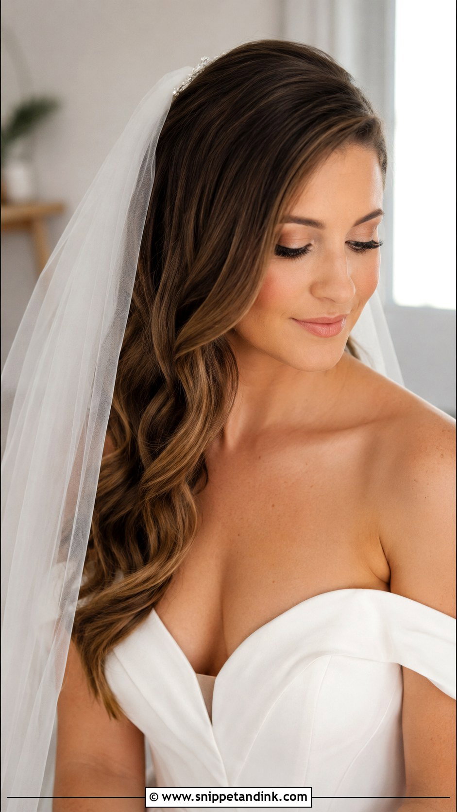 Side Swept Hair With Blusher Veil - Snippet and Ink - 25 Blusher Veil with Hair Down Ideas