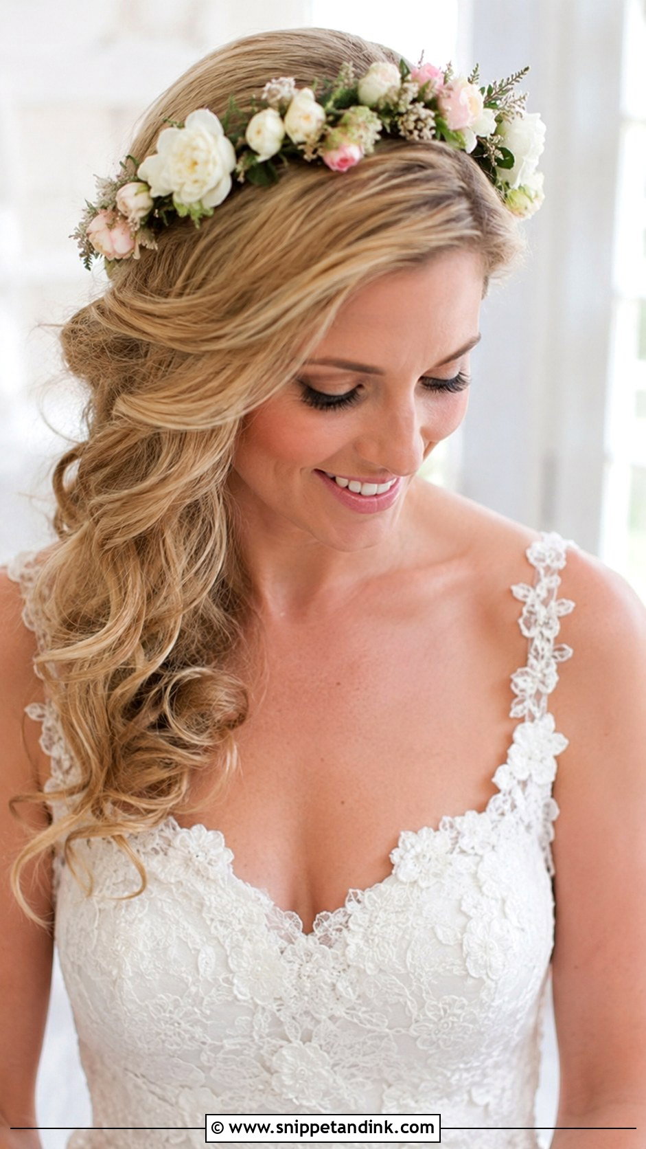 Side Swept Hair With Floral Crown - Snippet and Ink - 25 Side Sweep Wedding Hair Ideas