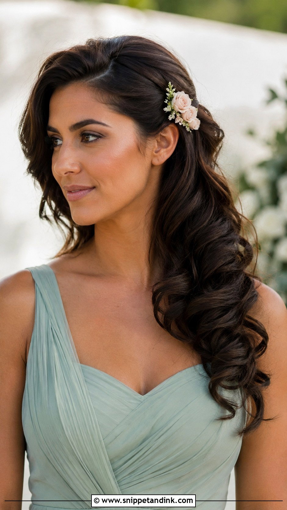 Side Swept Hair With Flower Clip Bridesmaid Hair - Snippet and Ink - 20 Bridesmaid Hair Side Swept Ideas