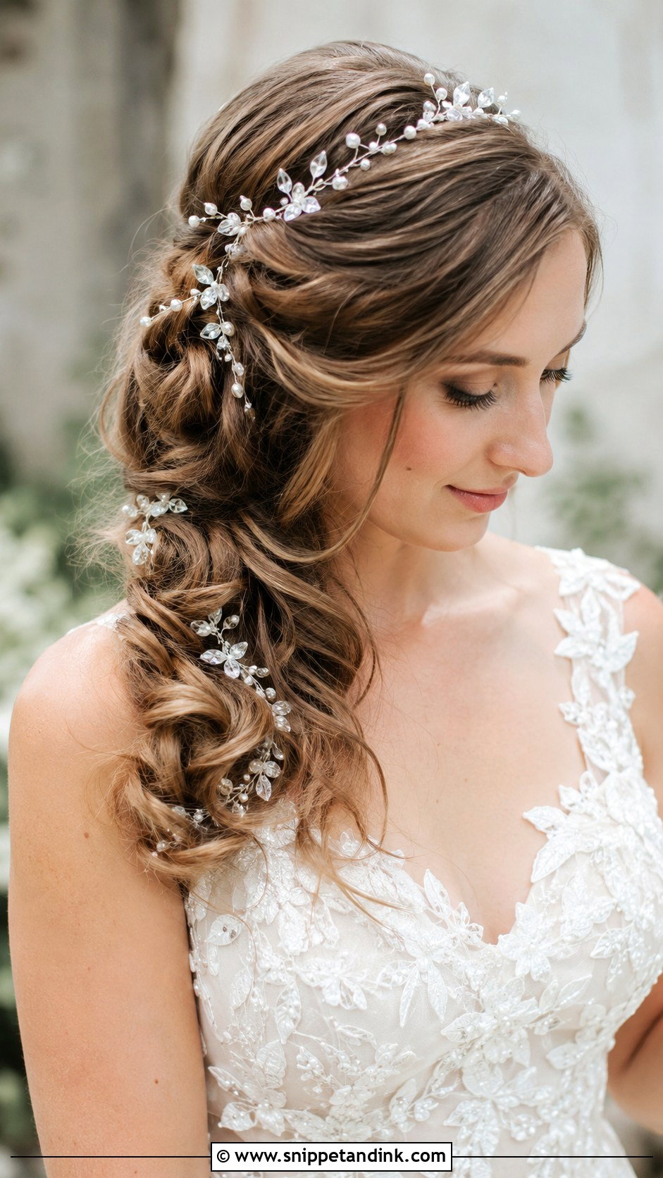 Side Swept Hair With Hair Vine - Snippet and Ink - 25 One Side Pinned Back Wedding Hair Ideas
