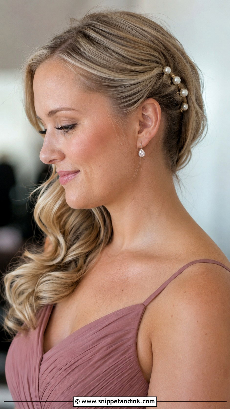 Side Swept Hair With Pearl Pins Bridesmaid Hair - Snippet and Ink - 20 Bridesmaid Hair Side Swept Ideas