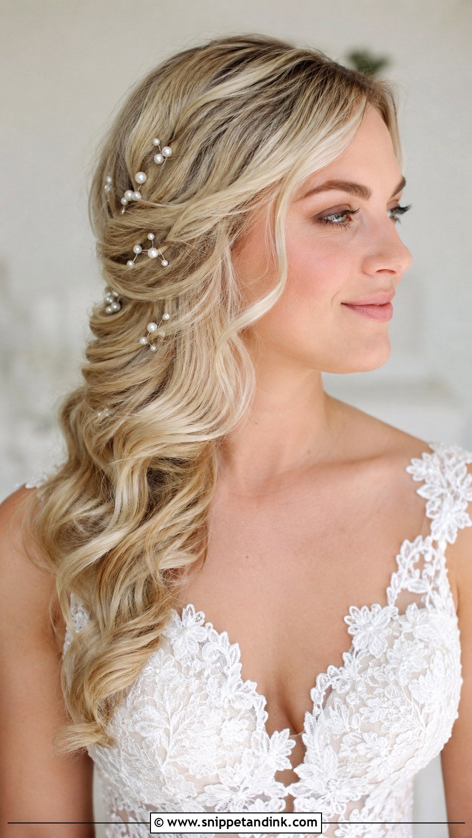 Side Swept Hair With Pearl Pins - Snippet and Ink - 25 One Side Pinned Back Wedding Hair Ideas