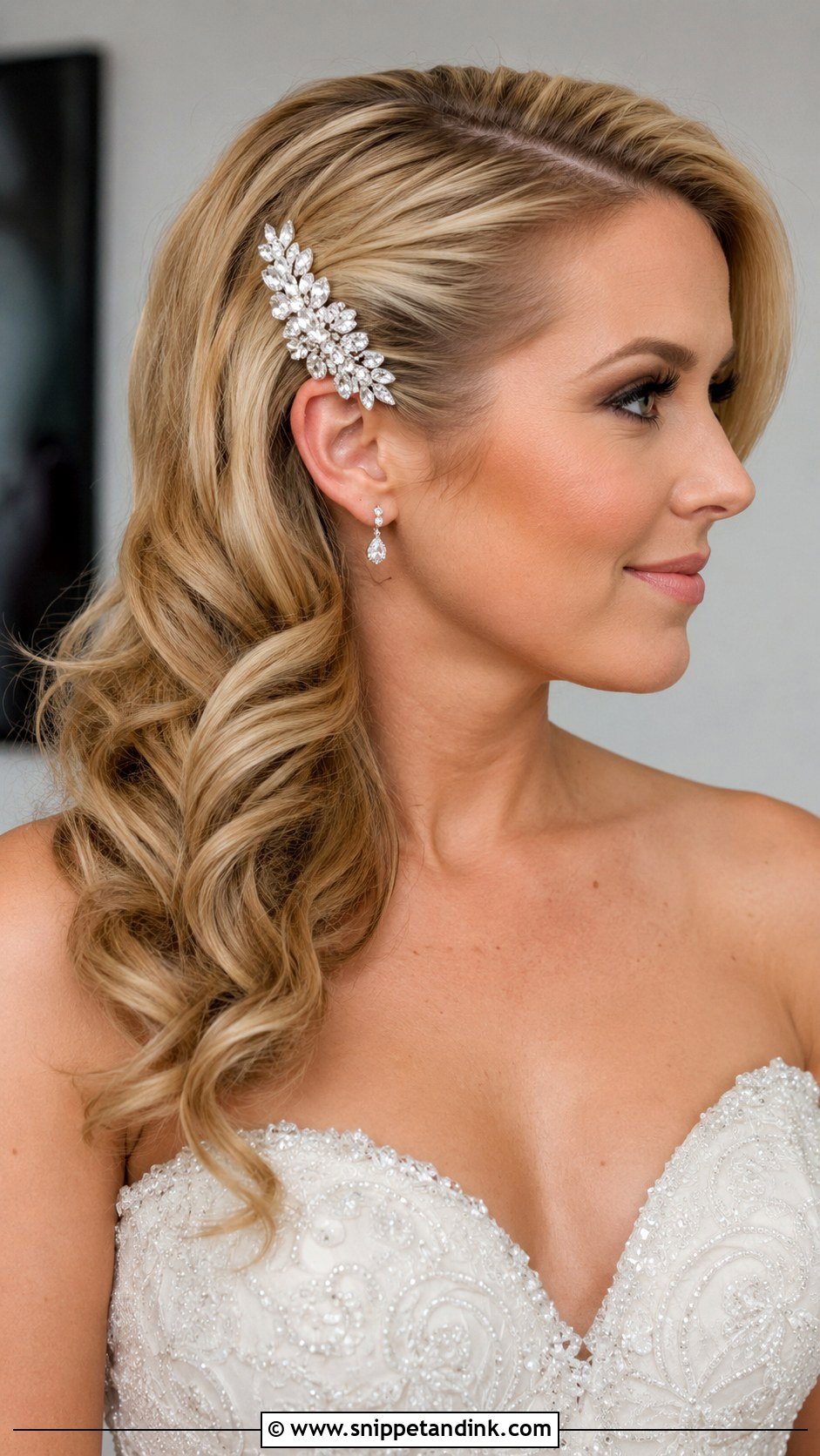 Side Swept Hair With Rhinestone Clip - Snippet and Ink - 25 One Side Pinned Back Wedding Hair Ideas