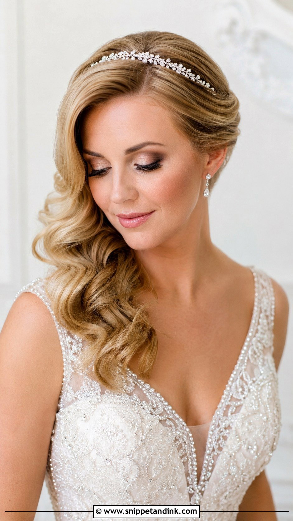 Side Swept Hair With Rhinestone Headband - Snippet and Ink - 20 Wedding Hair One Side Pulled Back Ideas